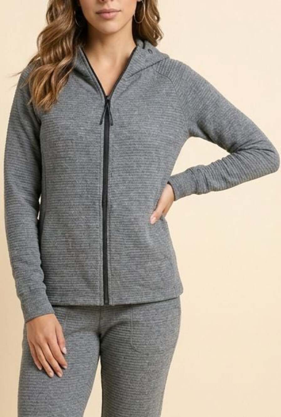 Stoic Women's Gray Ribbed Full Zip Hoodie with Thumbholes